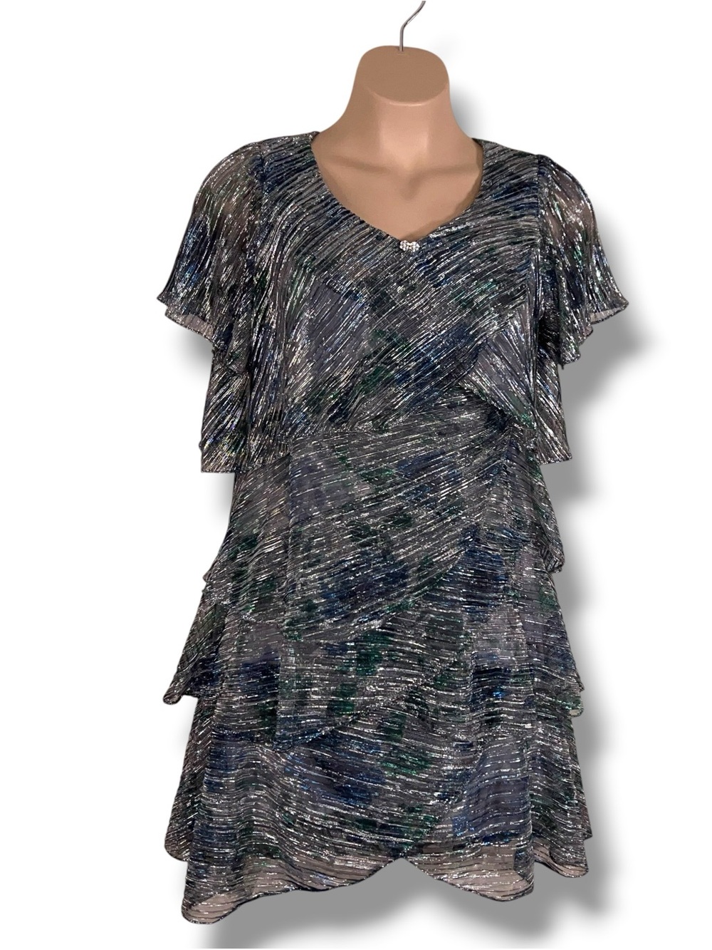 Size Petite 16 Ignite Evenings Dress Silver Blue Shimmer Formal Event Wedding